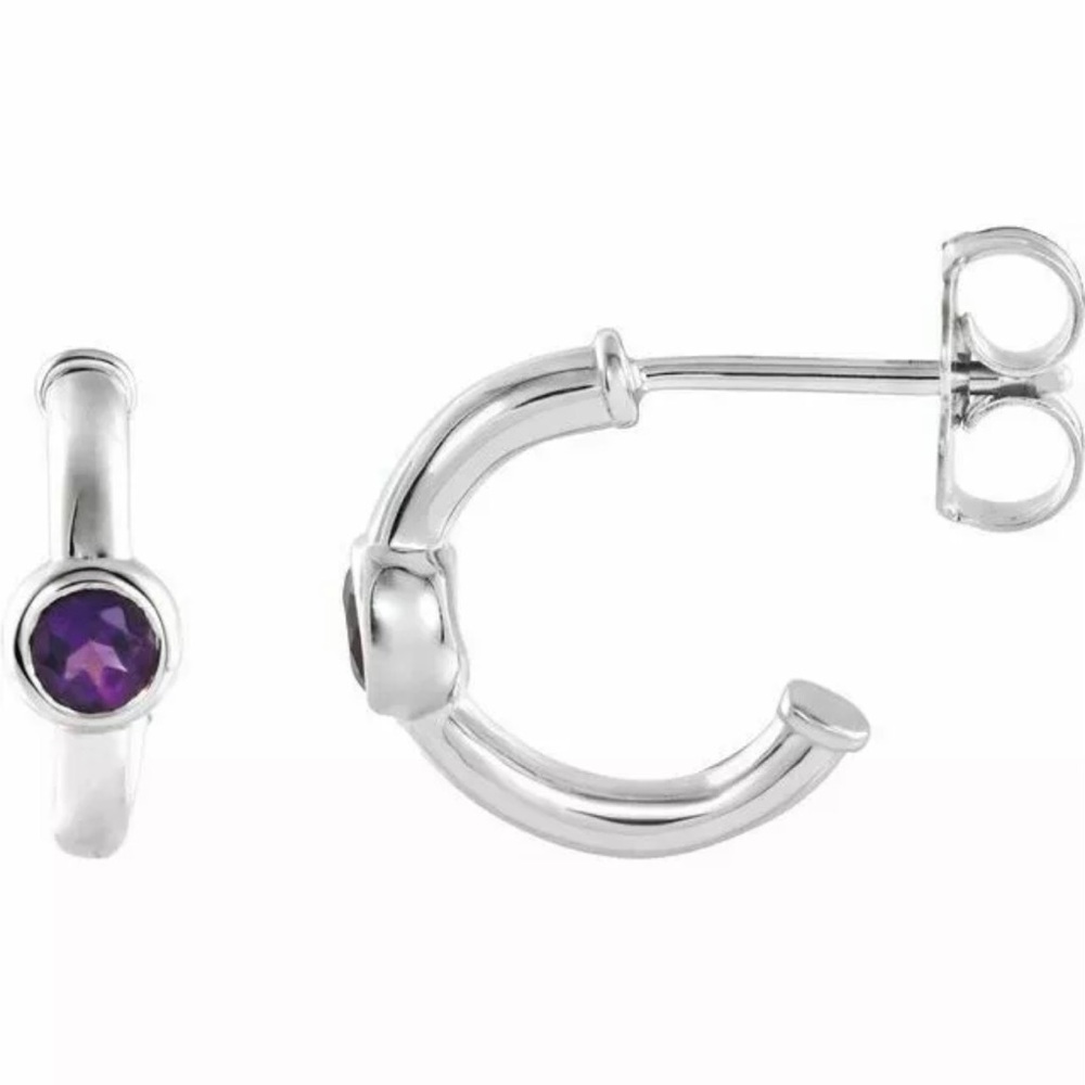Amethyst Huggie Hoop Earrings Sterling Silver - Picture 2 of 2